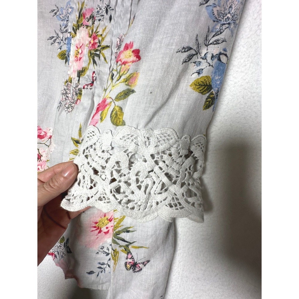 J.Jill Love Linen Floral Pintuck Blouse XL Bird Butterfly Crochet - Picture 4 of 8